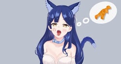 animal_ears artist_request blue_collar blue_hair dinosaur_nuggets fangs hair_ribbon snezha source_request tail tongue_out virtual_youtuber vtuber white_topwear yellow_eyes