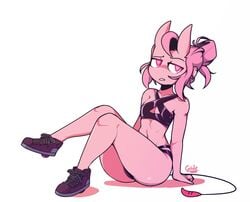 1girls 2020 carrie_(giidenuts) demon demon_girl demon_tail female female_focus giidenuts horns looking_away pink_pupils pink_skin revealing_clothes sitting sneakers solo thighs white_background