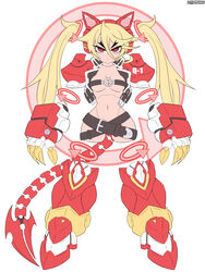 android belt belt_bra beltskirt blonde_hair claws detached_limbs fake_animal_ears frown gynoid large_breasts littlepengo long_hair looking_at_viewer metalkaiser oc original original_character red_eyes robot robot_girl seraphina_demonbane tail