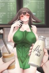 1boy 1girls ahri apron big_breasts black_hair blush breasts breasts_bigger_than_head cashier female fox_ears fox_tail front_view huge_breasts iced_latte_with_breast_milk lactating lactation league_of_legends light-skinned_female light-skinned_male light_skin male meme milk milk_bottle naked_apron nipples_visible_through_clothing no_bra no_panties orange_eyes riot_games sideboob speech_bubble starbucks straight tagme text text_bubble thunderthighs wide_hips yabby