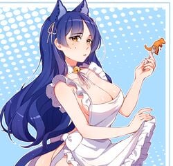 1girls animal_ears apron_only artist_request blue_hair dinosaur_nuggets eyebrows_visible_through_hair female food fork hair_ribbon long_hair snezha solo source_request virtual_youtuber vtuber yellow_eyes