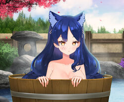 artist_request blue_hair blush hair_ribbon hot_spring outside snezha source_request topless virtual_youtuber vtuber yellow_eyes