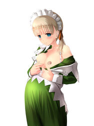 bangs blonde_hair blue_eyes bra_down bra_strap breasts breasts_out dark_nipples dress dress_down dress_pull female female_only hair_ribbon kantai_collection long_sleeves maid_headdress maid_uniform nurupon off_shoulder ponytail pregnant shin'you_(kantai_collection) small_breasts smile solo wedding_ring