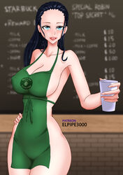 1girls apron apron_only areolae bare_arms bare_legs bare_shoulders big_breasts black_hair blue_eyes blush breasts busty clothing coffee coffee_cup coffee_shop elpipe3000 erect_nipples erect_nipples_under_clothes female female_focus female_only hand_on_hip hourglass_figure iced_latte_with_breast_milk indoors large_breasts light-skinned_female light_skin lipstick long_hair looking_at_viewer meme naked_apron nico_robin nipple_bulge nipples nipples_visible_through_clothing no_bra no_panties one_piece open_mouth pale-skinned_female pale_skin partially_clothed perky_breasts pink_lips pink_lipstick pinup pose posing revealing_clothes see-through see-through_clothing shounen_jump sideboob solo solo_female solo_focus standing starbucks teenager thick_thighs thighs voluptuous wide_hips