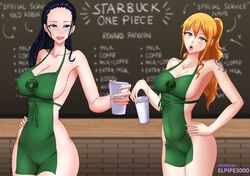 2girls apron apron_only areolae arm_tattoo bare_arms bare_legs bare_shoulders barista big_breasts black_hair blue_eyes blush breasts busty clothing coffee coffee_cup coffee_shop elpipe3000 erect_nipples erect_nipples_under_clothes fast_food female female_focus female_only hand_on_hip hourglass_figure iced_latte_with_breast_milk indoors large_breasts light-skinned_female light_skin lipstick looking_at_viewer meme multiple_girls naked_apron nami nico_robin nipple_bulge nipples nipples_visible_through_clothing no_bra no_panties one_piece open_mouth orange_eyes orange_hair outerwear pale-skinned_female pale_skin partially_clothed perky_breasts pink_lips pink_lipstick pinup ponytail pose posing post-timeskip revealing_clothes see-through see-through_clothing shounen_jump sideboob standing starbucks tattoo teenager thick_thighs thighs tied_hair uniform voluptuous wide_hips