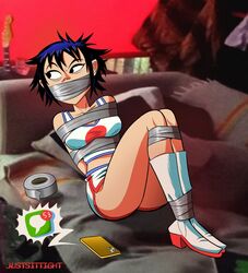 1girls asian asian_female athletic_shorts bondage breasts clothed clothed_female clothes clothing dolphin_shorts electronics female female_only fully_clothed gag gorillaz human justsittight noodle_(gorillaz) noodle_(pac-man) over_the_mouth_gag pale_skin phone solo sportswear tape_gag taped_mouth