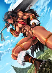 1girls abs amazon ass ass_visible_through_thighs barbarian berserk biceps big_breasts big_sword bikini black_hair breasts brown_boots brown_hair casca cleavage confident dark-skinned_female dark_skin day daytime dragonslayer_(sword) ear_piercing female female_only fingerless_gloves fur_trim hand_on_hip hips huge_sword human long_brown_hair long_hair muscles muscular_arms muscular_female muscular_legs muscular_shoulders muscular_thighs nipple_bulge partially_visible_vulva perky_breasts petite plump_labia pussy red_bikini shopyun short_hair side_view skimpy skimpy_bikini solo solo_female sword sword_over_shoulder tan-skinned_female tan_skin thick_thighs thighlet thighs tomboy vein veiny_muscles weapon_over_shoulder