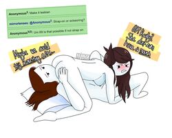 2girls 69_position big_breasts blush brown_hair complaining english_text female female_only grabbing_ass irritated jaiden jaiden_animations jaiden_dittfach lesbian let_me_explain_studios mirrorlenses_(artist) multiple_girls nipples nude_female pillow rebecca_parham rubbing_pussy text white_skin youtube yuri