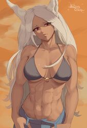 1girls abs animal_ears bikini bikini_top breasts collarbone dark-skinned_female dark_skin groin head_tilt highres large_breasts long_eyelashes long_hair miruko muscular muscular_female my_hero_academia navel niksoncrazy orange_background rabbit_ears rabbit_girl red_eyes rumi_usagiyama signature solo swimsuit upper_body very_long_hair white_hair