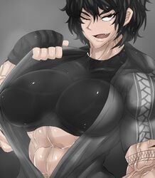 1girls abs black_hair brown_eyes fit fit_female flexing large_breasts light_skin looking_at_viewer muscles muscular muscular_female oc one_eye_closed original original_character ryuko_mizobuti_(zokusuke) sharp_teeth short_hair smile sweat wet wink zokusuke