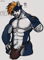 abs anthro bulge clothing english_text felid feline genitals hi_res male male_only mammal midnight_blue muscular muscular_anthro muscular_male nipples pantherine penis scar sketch solo text thong_straps tiger underwear