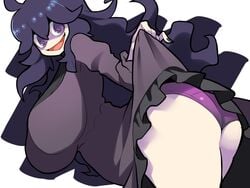 1girls ass bellupup big_breasts breasts game_freak hex_maniac lift_skirt long_hair looking_at_viewer nintendo open_mouth panties pokemon pulling_up_dress purple_eyes smiling smiling_at_viewer solo solo_female spiral_eyes underwear upskirt white_background white_skin