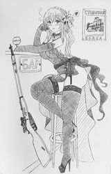 blush collar crown_braid dress drunk drunk_bubbles flower_in_hair garter_straps girls'_frontline high_heel_sandals large_breasts long_gloves monochrome mosin-nagant mosin-nagant_(girls'_frontline) necklace rifle sitting_on_chair thighhighs wide_hips