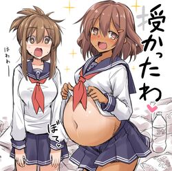 2girls big_belly blush brown_eyes brown_hair cute_fang female female_only hairclip heart-shaped_pupils ikazuchi_(kantai_collection) inazuma_(kantai_collection) kantai_collection kokutou_nikke long_sleeves looking_at_viewer open_mouth pleated_skirt pregnant serafuku shirt_lift shocked sisters smile surprised sweatdrop tan_skin tanline uniform