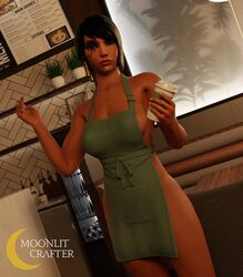 1girls 3d apron blender blizzard_entertainment dark-skinned_female dark_skin female female_only iced_latte_with_breast_milk looking_at_viewer meme moonlit_crafter overwatch pharah pinup sideboob starbucks thick_thighs