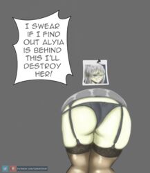 1girls 3_eyes ass ass_focus assisted_exposure big_breasts black_legwear black_panties blush breasts female female_only glasses green_eyes leggings lewdsyrup multi_eye no_skirt office_lady original original_character panties partially_clothed picture sliver_hair solo speech_bubble straight stuck stuck_in_wall text vanesa(lewdsyrup)