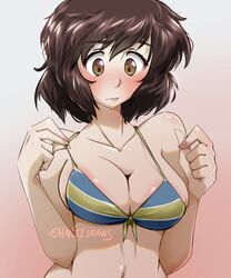 1girls 2021 bikini blush breasts brown_eyes brown_hair embarrassed female haysey_draws persona persona_5 persona_5_royal sadayo_kawakami short_hair solo sweat swimsuit swimwear white_skin