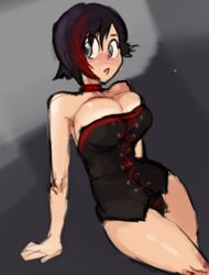 1girls bare_arms bare_legs big_breasts black_hair blush breasts bursting_breasts choker corset female female_only large_breasts lipstick medium_hair ruby_rose rwby silver_eyes solo spiltchutney surprised tagme wide_hips