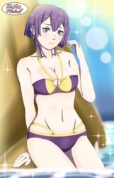 1girls 2koma alternate_costume bare_shoulders bare_thighs bernadetta_von_varley bikini breasts cleavage collarbone comic fire_emblem fire_emblem:_three_houses grey_eyes instant_loss_2koma large_breasts looking_at_viewer nintendo o-ring o-ring_bikini partially_submerged post-timeskip purple_bikini purple_hair purple_swimsuit redradrebel short_hair solo sparkle swimsuit thighs