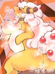 3:4 ampharos anthro bodily_fluids cum cum_in_pussy cum_inside female genital_fluids genitals heart hi_res human lactating mammal mega_ampharos mega_evolution nintendo open_mouth pokémon_(species) pokemon pokemon_(species) pussy sex video_games wonkake