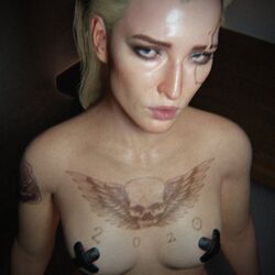 3d blonde_hair blue_eyes blurry breasts cd_projekt_red covered_nipples cybernetics cyberpunk_2077 eyeshadow female female_focus female_only forestdale light-skinned_female light_skin looking_at_viewer meredith_stout nipples nude nude_female pale-skinned_female pale_skin pinup platinum_blonde_hair pout solo solo_female solo_focus standing tagme tattoo