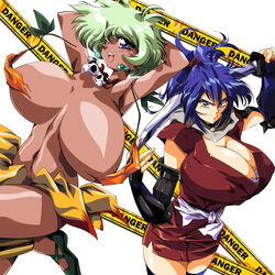 2girls bikini blonde_hair breasts bursting_breasts busty caution_tape cleavage crossover curvy dark-skinned_female dark_skin duo earrings female female_only goddess hanging_breasts hinomars19 huge_breasts human jungle_de_ikou kunoichi leaf light-skinned_female light_skin manyuu_chifusa manyuu_hikenchou mii_(jungle_de_ikou) multiple_girls necklace ninja nipple_bulge short_hair skirt skull_necklace sword thick_thighs tribal voluptuous wardrobe_malfunction wide_hips