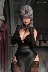 1girls 3d apone3d big_breasts breasts busty cosplay dress elvira elvira:_mistress_of_the_dark female female_focus female_only goth goth_girl green_hair hourglass_figure large_breasts light-skinned_female light_skin lipstick long_hair makeup mortal_kombat mortal_kombat_11 nylons pose posing sindel solo stockings tagme thick_thighs thunder_thighs wide_hips