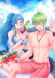 1boy 1girls beach belly big_breasts bikini bikini_bottom bikini_top blue_bikini blue_bikini_bottom blue_bikini_top blue_eyes blue_hair blue_sky blue_swimsuit blush blushing breasts cleavage danganronpa danganronpa_s:_ultimate_summer_camp danganronpa_v3 female front-tie_bikini front-tie_top front_view glasses green_eyes green_hair human human_only inner_tube large_breasts light-skinned_female light-skinned_male light_skin long_hair looking_at_viewer male midriff navel new_danganronpa_v3 ocean ponytail rantaro_amami red_swimming_trunks red_swimsuit sea shirogane_tsumugi short_hair side-tie_bikini side-tie_bottom sky smile smiling smiling_at_viewer smooth_skin stomach swimming_trunks swimsuit water water_gun wave waving waving_at_viewer wholesome wink winking winking_at_viewer