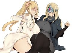 2girls asymmetrical_bangs bangs big_breasts blonde_hair breasts clothing crossover dark_souls dark_souls_3 fire_keeper fromsoftware gray_eyes grey_eyes hair_ornament hi_res highres long_hair looking_at_viewer looking_back mask nier nier:_automata nodo ponytail square_enix thick_thighs thighhighs thighs video_games yorha_commander