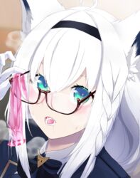 1girls ahoge animal_ear_fluff animal_ears bangs condom cum facial female fox_ears fox_girl fuwakuyuu glasses highres hololive hololive_gamers hololive_gen_1 hololive_japan looking_at_viewer shirakami_fubuki solo used_condom virtual_youtuber white_hair