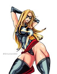 avengers big_breasts big_hips big_legs black_gloves blonde_hair breasts carol_danvers elbow_gloves female hips human large_breasts latex_suit legs long_hair marvel marvel_comics mask ms._marvel ms._marvel_(carol_danvers) muscular muscular_arms muscular_female muscular_legs strangerzz thick_thighs thighhighs tight_clothing waist