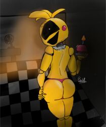 amogus animatronic ass_grab ass_up big_ass big_butt clothing curvy_body female five_nights_at_freddy's five_nights_at_freddy's_2 hallway looking_at_viewer pink_panties smile smiling_at_viewer solo_female sus toy_chica_(fnaf) yellow_skin