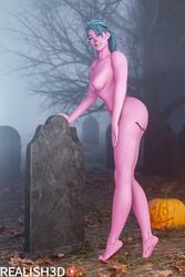 1girls 3d barefoot blue_hair blue_nails breasts cemetery eyebrows feet female female_only fortnite fortnite:_battle_royale ghoul_trooper halloween hand_on_leg human long_hair looking_at_viewer nail_polish naked nipples nude nude_female pink_skin ponytail realish3d smiling_at_viewer solo solo_female straight tombstone