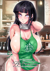 1girls airforcetuan alternate_breast_size apron apron_only barista big_breasts blue_hair blush breasts_bigger_than_head busty cleavage coffee coffee_shop curvaceous curvy curvy_figure female female_only forehead_protector hourglass_figure huge_breasts human hyuuga_hinata iced_latte_with_breast_milk large_breasts long_hair looking_at_viewer meme naked_apron naruto naruto_(series) naruto_shippuden oppai pale-skinned_female pale_skin pinup pose posing purple_eyes shounen_jump sideboob solo standing starbucks teenager thick_thighs thighs tight_clothing voluptuous wide_hips