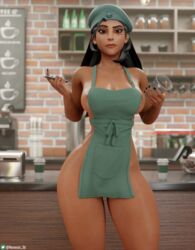 1girls 3d ana_amari apron beret big_breasts breasts coffee_shop dark-skinned_female female female_only iced_latte_with_breast_milk meme naked_apron nemesis_3d overwatch standing tattoo thick_thighs thighs