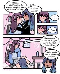 2girls ambiguous_oral baggy_clothing blue_hair brown_hair comic cute dialogue emma_(welcome_to_heaven) english english_dialogue english_text female gamer gamer_chair gamer_girl head_under_skirt holding_partner hoodie implied_oral lesbian livestream oral oral_sex original_character sasha_(welcome_to_heaven) skirt stealth_sex streamer text under_skirt welcome_to_heaven wholesome yuri