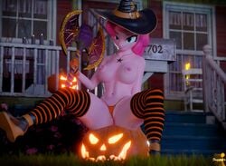 3d_(artwork) anthro anthrofied areola axe blue_eyes breasts building clothed clothing digital_media_(artwork) equid equine female food footwear friendship_is_magic fruit gloves hair halloween halloween_costume handwear hasbro hat headgear headwear hi_res holding_object holding_weapon holidays horse house jack-o'-lantern jewelry legwear long_socks looking_at_viewer mammal melee_weapon my_little_pony necklace nipples nyaasapphire outside pattern_clothing pattern_legwear pattern_stockings pendant pink_hair pinkie_pie_(mlp) plant pony porch pumpkin shoes sitting smile socks solo spread_legs spreading stockings straight_hair striped_clothing striped_legwear striped_stockings stripes thigh_highs thigh_socks thong topless underwear weapon witch_hat