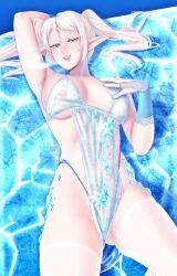 aeronwen blue_eyes breath djwhiteboooty elf eye_contact ice laying_down lingerie seductive_eyes see-through twintails white_hair