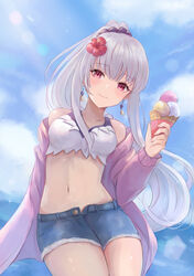 1girls alternate_costume alternate_hairstyle bare_midriff bare_shoulders bare_thighs beach belly bikini bikini_top blue_sky blush blushing breasts female female_focus female_only fire_emblem fire_emblem:_three_houses fire_emblem_heroes flower flower_in_hair hair_flower happy head_tilt human human_focus human_only ice_cream jean_shorts leonmandala light-skinned_female light_skin long_hair looking_at_viewer lysithea_von_ordelia medium_breasts midriff navel nintendo ocean ponytail pov pov_eye_contact red_eyes sea seaside short_shorts shorts sky smile smiling smiling_at_viewer solo solo_female solo_focus stomach sunny swimsuit taking_clothes_off thick thick_thighs thighs undressing water white_bikini white_bikini_top white_hair white_swimsuit wholesome