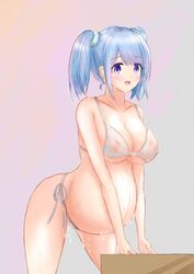 1girls bangs bent_over big_breasts bikini blue_hair cleavage female female_only leaning_forward linea_nigra looking_at_viewer nipples_visible_through_clothing original pregnant purple_eyes sakuranohako scrunchie see-through_clothing side-tie_bikini solo swimsuit twintails underboob wet white_bikini