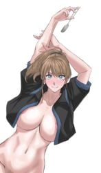 areola_slip arms_above_head arms_behind_head bangs big_breasts blue_eyes blush bottomless brown_hair cleavage crop_top dog_tags female female_only intrepid_(kantai_collection) kantai_collection looking_at_viewer no_bra open_shirt ponytail pubic_hair short_sleeves smile solo sozan