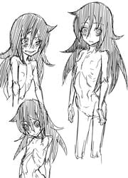 bags_under_eyes black_hair blush chimosaku erect_nipples kuroki_tomoko messy_hair monochrome ribs skeletal sketch skinny smile watashi_ga_motenai_no_wa_dou_kangaetemo_omaera_ga_warui!