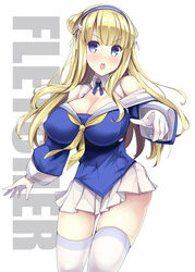 akikaze_tsumuji bangs bare_shoulders big_breasts blonde_hair blue_eyes cleavage female female_only fletcher_(kantai_collection) gloves hair_ornament hairband kantai_collection long_hair long_sleeves minigirl nipple_bulge off_shoulder pleated_skirt pointing_at_viewer sailor_collar solo star_(symbol) thighhighs tsumugie white_gloves white_legwear white_thighhighs zettai_ryouiki