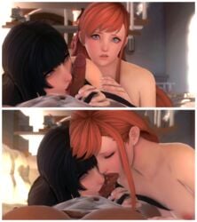 1boy 2girls artist_request big_lips black_hair blowjob blue_eyes collaborative_fellatio double_blowjob fellatio female final_fantasy final_fantasy_xiv gaia_(ffxiv) gpose(ffxiv) hyur multiple_girls oral penis red_hair ryne_waters source_request teamwork