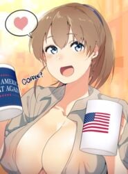 american_flag areola_slip bangs big_breasts bitchcraft123 blue_eyes brown_hair cleavage coffee_mug female female_only intrepid_(kantai_collection) kantai_collection mug nipples_visible_through_clothing no_bra open_mouth open_shirt ponytail solo upper_body