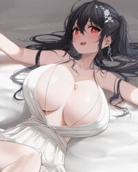 1girls absurd_res alternate_costume azur_lane bangs bare_shoulders bbolalus bed_sheet big_breasts black_hair breasts clavicle dress earrings female flower hair_between_eyes hair_flower hair_ornament heart heart-shaped_pupils hi_res jewelry large_breasts long_hair looking_at_viewer lying messy_hair necklace oerba_yun_fang on_back open_mouth outstretched_arms red_eyes sidelocks sleeveless solo taihou_(azur_lane) thighs very_long_hair white_dress