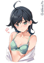 ahoge black_hair blush bra ebifurya embarrassed female female_only green_eyes hair_flaps kantai_collection lace-trimmed_bra looking_at_viewer matsukaze_(kantai_collection) messy_hair short_hair shy small_breasts solo undressing upper_body