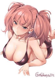 ass atlanta_(kantai_collection) bangs big_breasts bikini blush clavicle cleavage earrings ebifurya female female_only frown grey_eyes kantai_collection looking_at_viewer nipple_bulge on_stomach pink_hair solo star_(symbol) swimsuit twintails