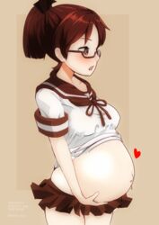 belly_hold big_belly brown_eyes brown_hair female female_only glasses holding_belly huge_belly kantai_collection matetsu_(nakayoshi_sanfujinka) miniskirt naval_uniform ponytail pregnant ready_to_pop serafuku shikinami_(kantai_collection) shirt_up short_sleeves solo