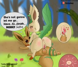 2021 animal_genitalia animal_penis anus ass big_butt blush bodily_fluids canine_penis cowgirl_position cum cum_in_pussy cum_inside dialogue digital_media_(artwork) duo eevee eeveelution english_text female female_on_top female_penetrated femdom feral feral_on_feral forest from_front_position genital_fluids genitals hi_res impregnation knot knotting leafeon looking_up male male/female male_penetrating male_penetrating_female naughty_face nintendo on_bottom on_top orgasm outside ovum penetration penis plant pokemon pokemon_(species) pussy sex sperm_cell text tree tsoup vaginal_penetration video_games vines